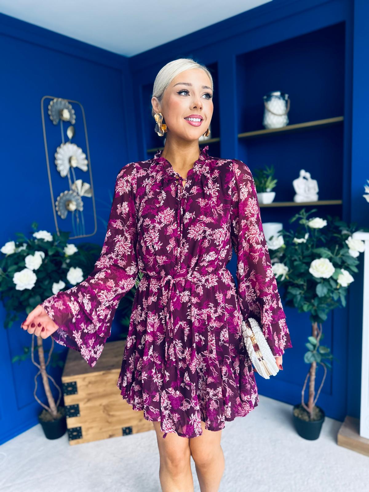 Riana High Neck Mini Dress Floral Berry