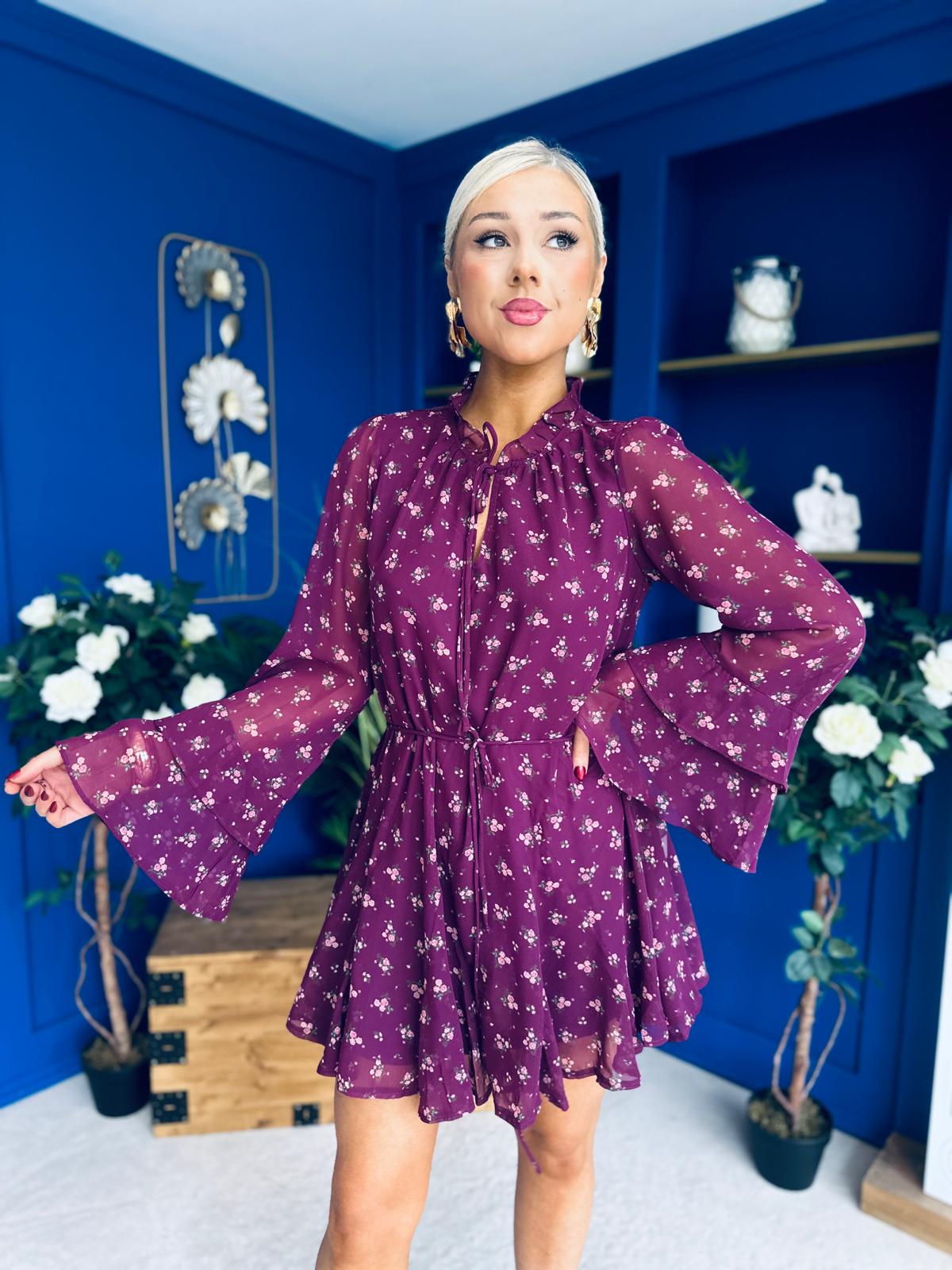 Lana High Neck Mini Dress Floral Berry