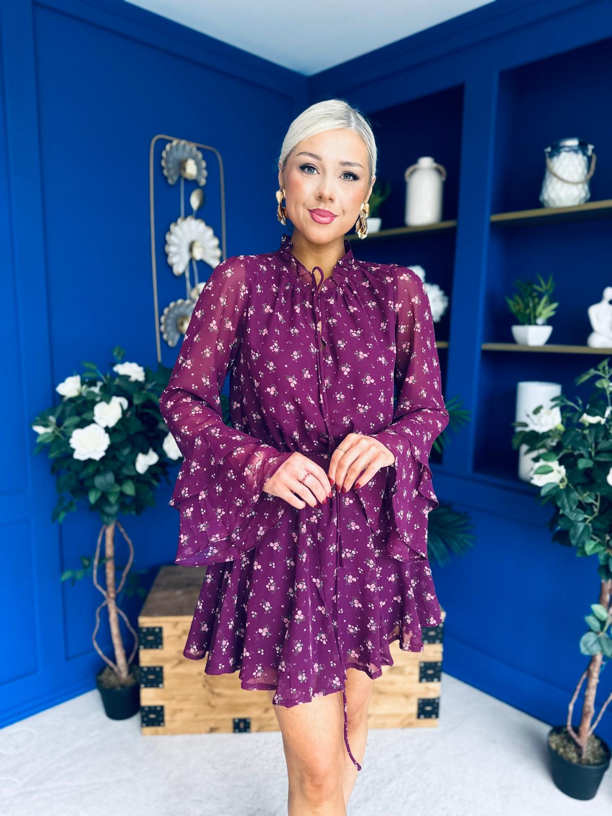Lana High Neck Mini Dress Floral Berry