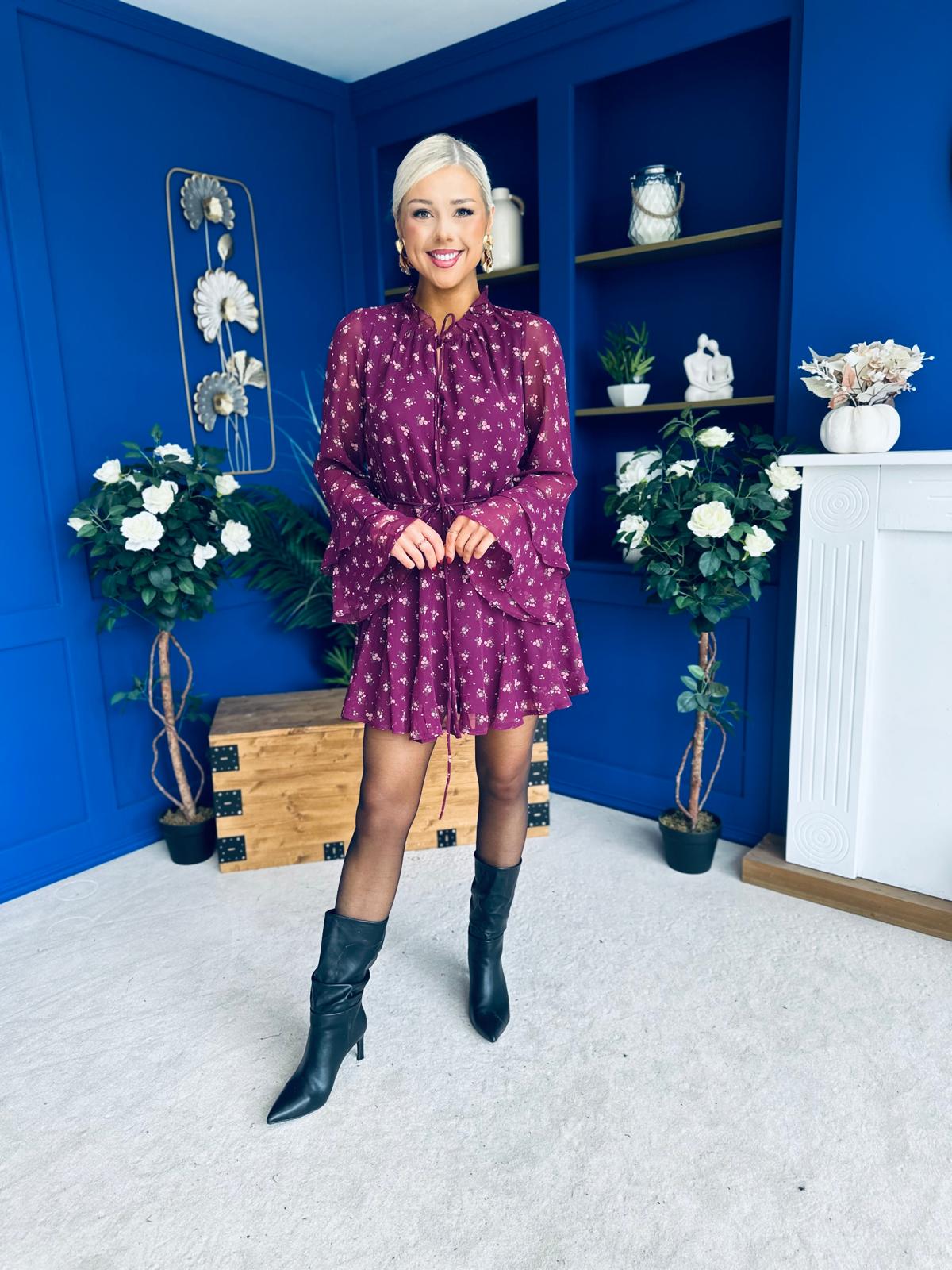 Lana High Neck Mini Dress Floral Berry