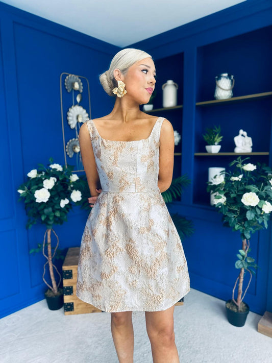 Shania Gold Jacquard Structured Mini Dress