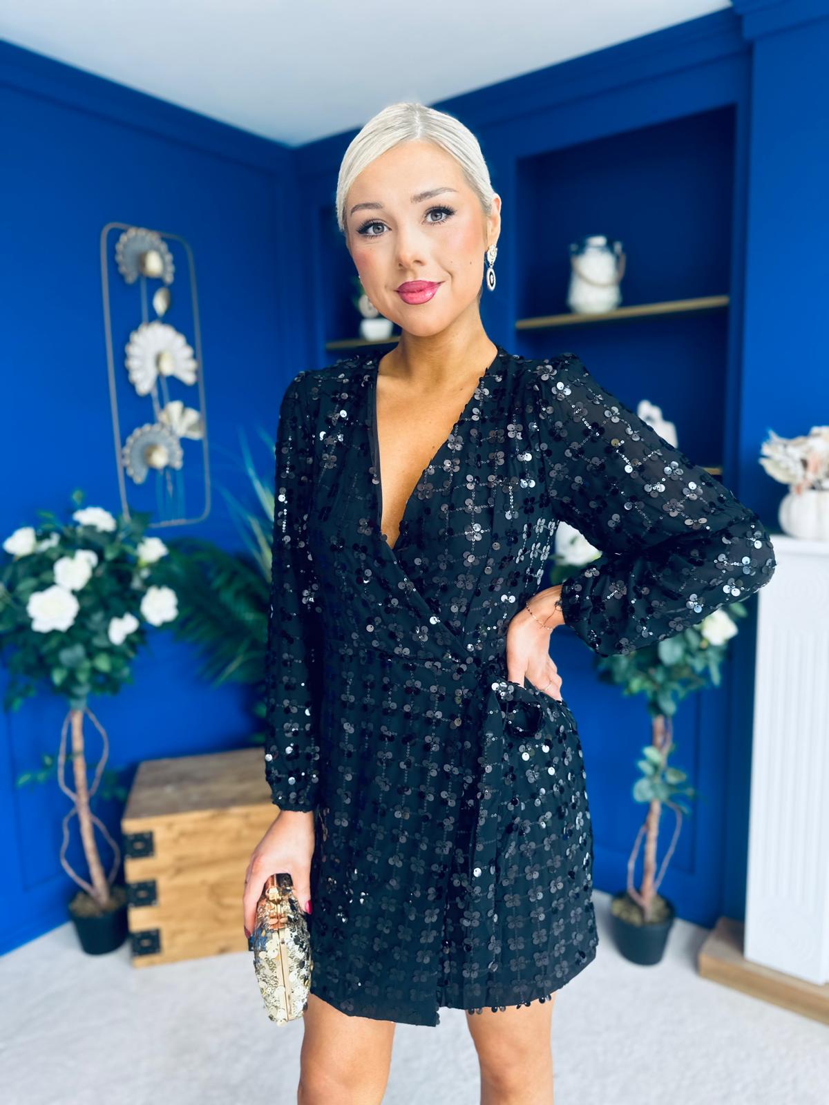 Dylan Sequin Mini Wrap Dress Black