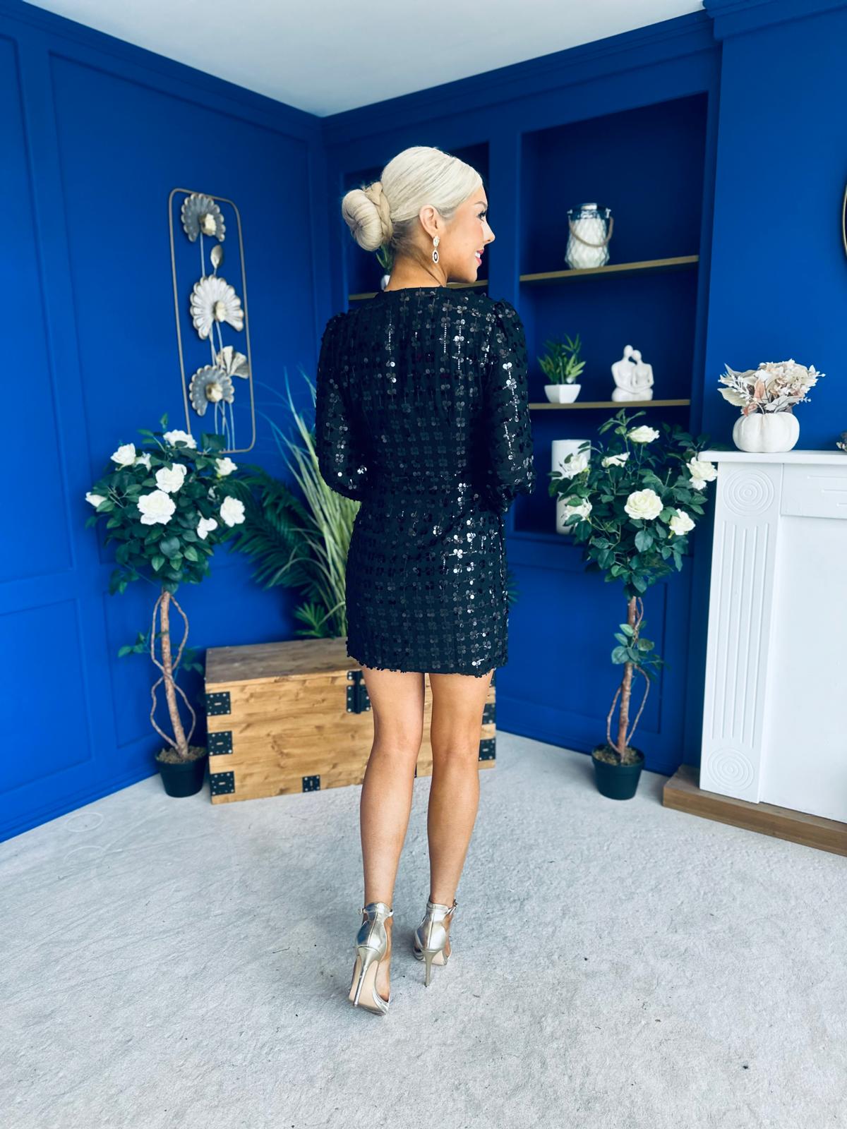 Dylan Sequin Mini Wrap Dress Black