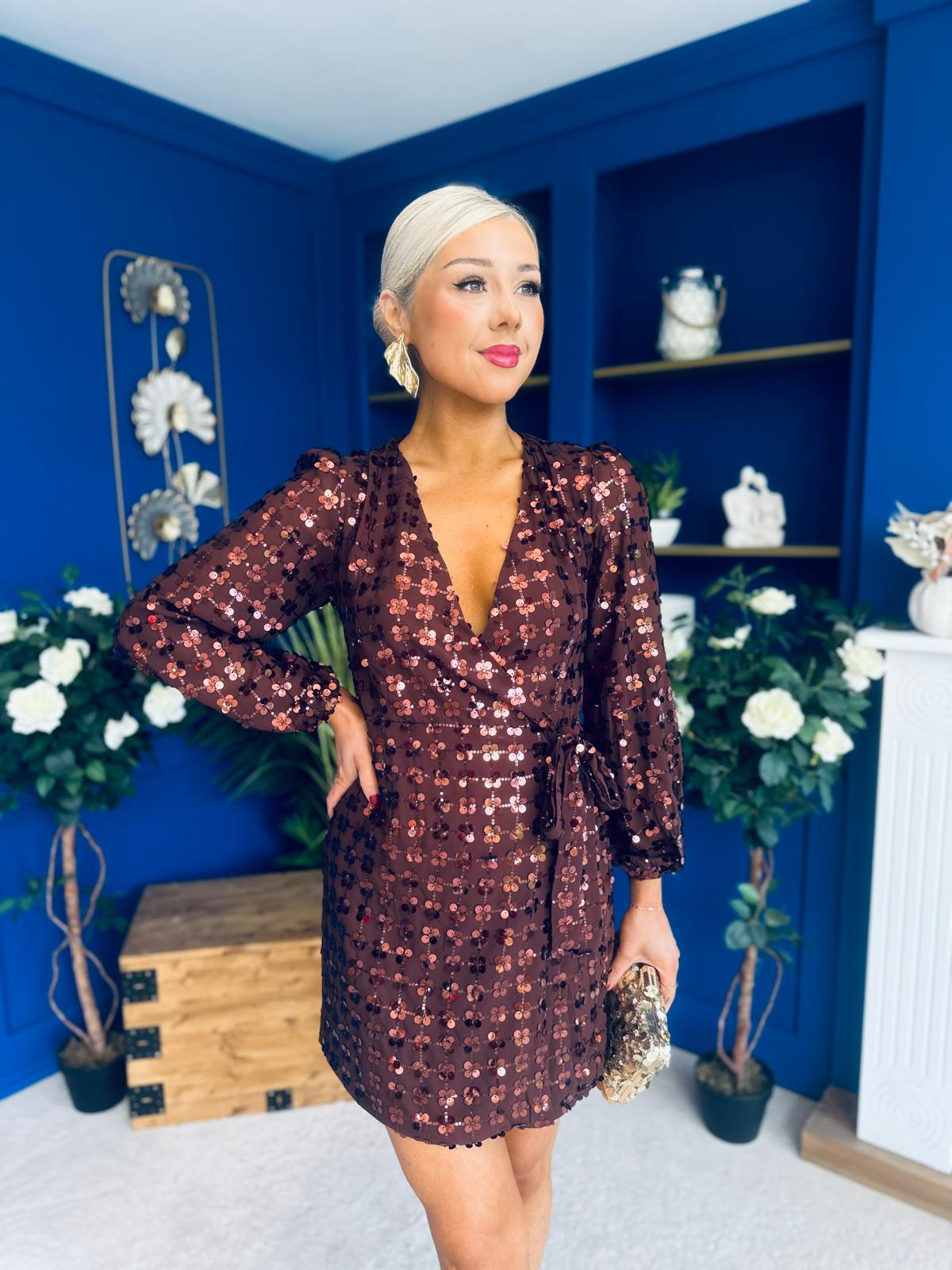 Dylan Sequin Mini Wrap Dress Chocolate