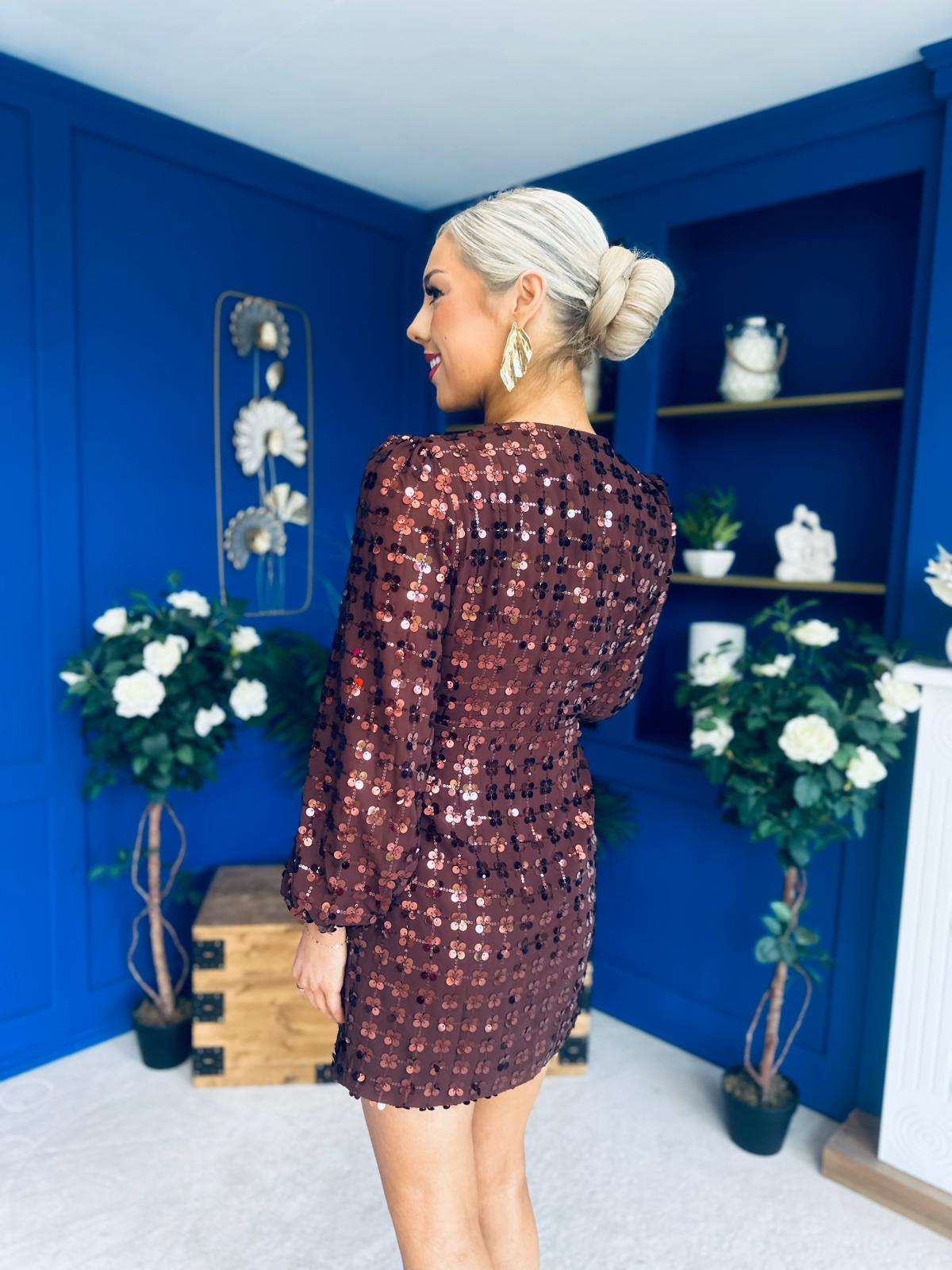 Dylan Sequin Mini Wrap Dress Chocolate