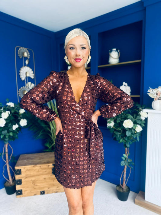 Dylan Sequin Mini Wrap Dress Chocolate