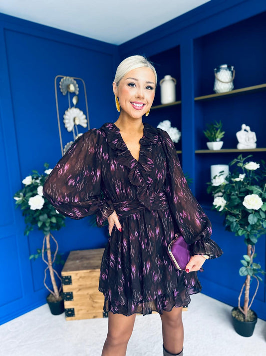 Miah Frill Mini Chiffon Dress Purple Black