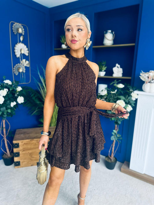 Phoebe Halterneck Embellished Mini Dress Chocolate