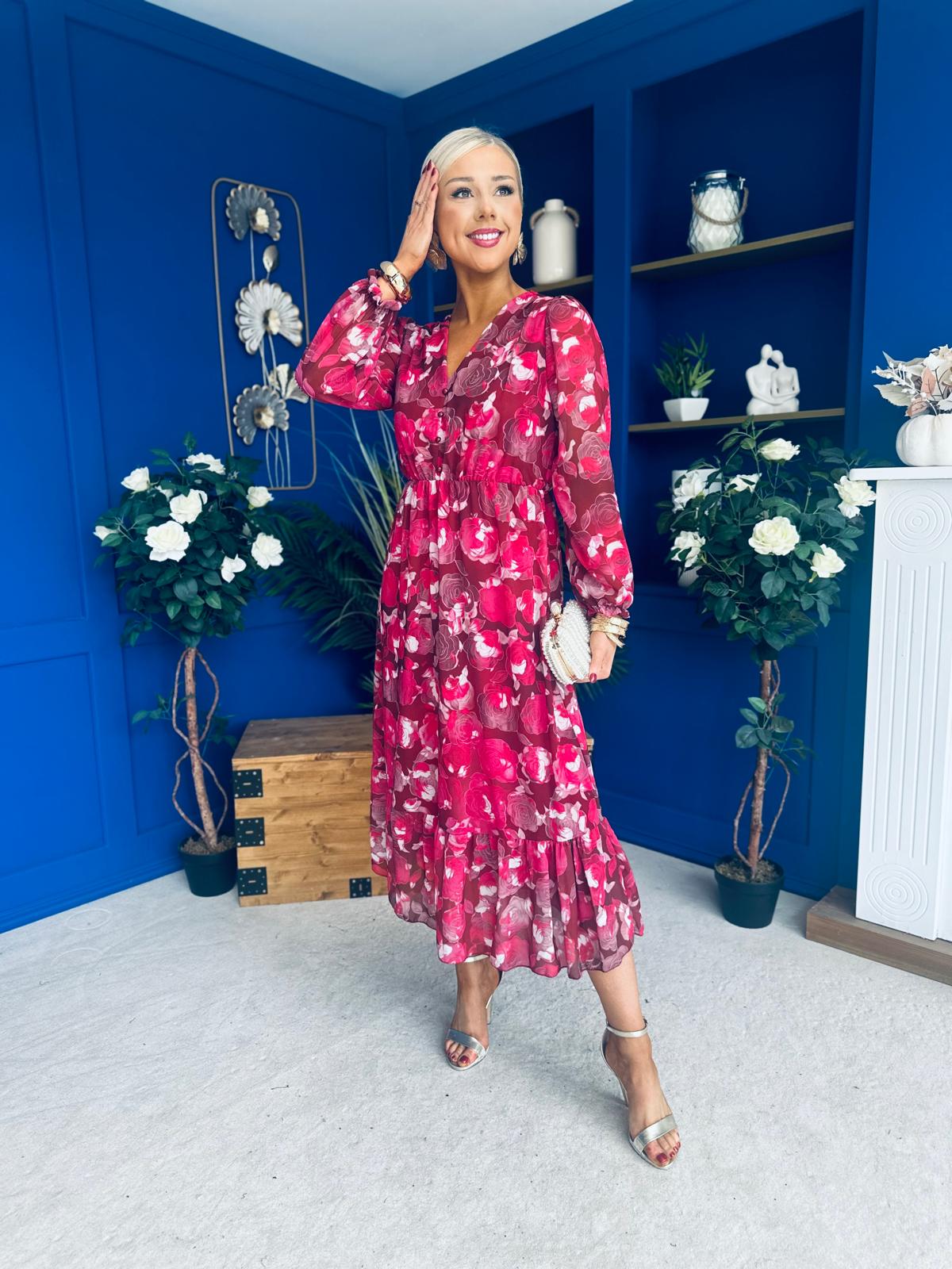 Zoe Banded Midi Dress Floral Rouge