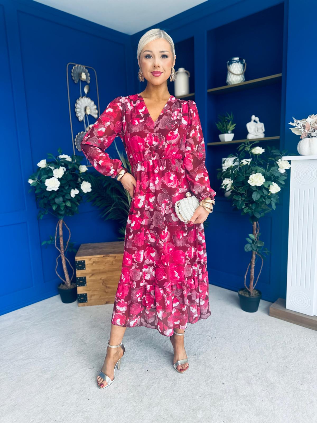 Zoe Banded Midi Dress Floral Rouge