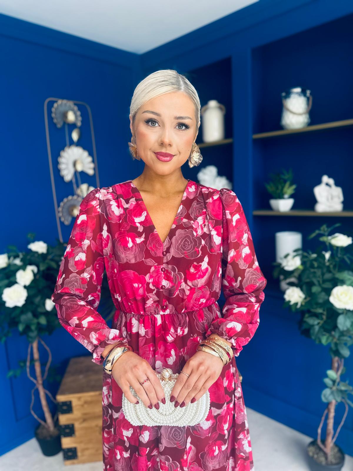 Zoe Banded Midi Dress Floral Rouge