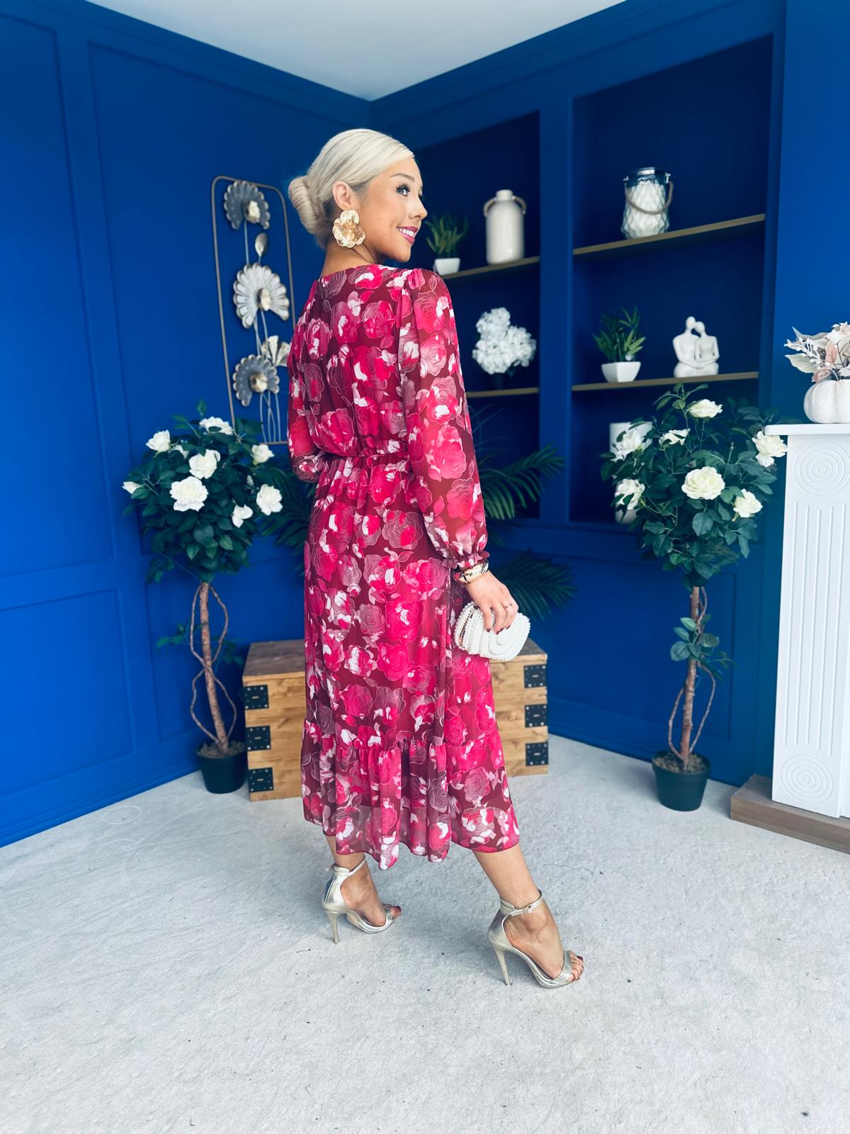 Zoe Banded Midi Dress Floral Rouge