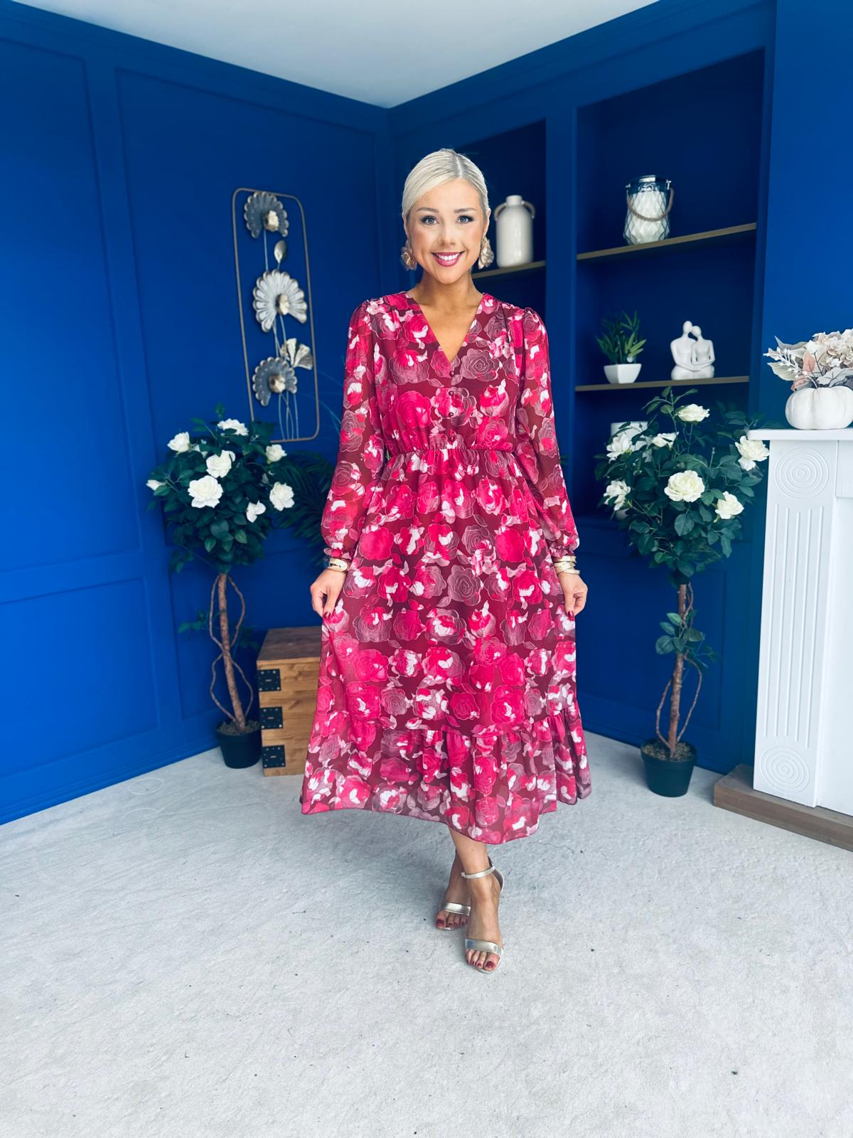 Zoe Banded Midi Dress Floral Rouge