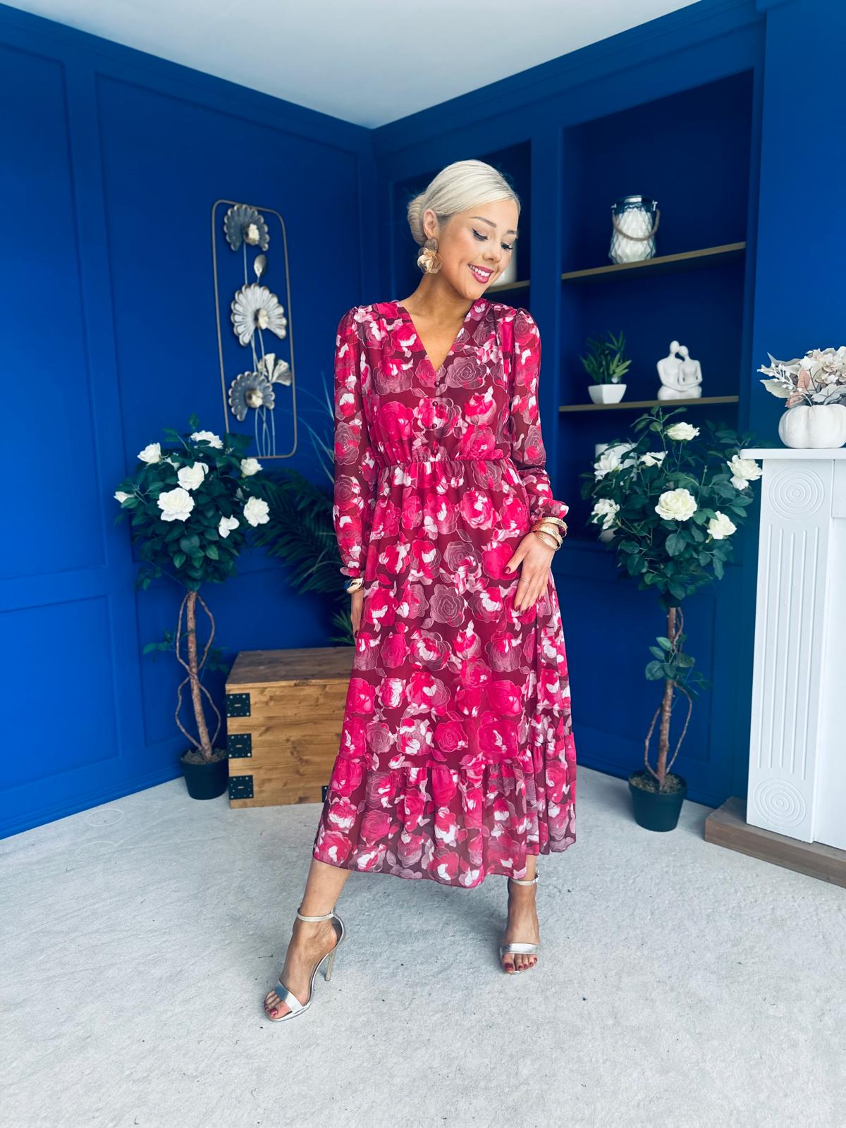 Zoe Banded Midi Dress Floral Rouge