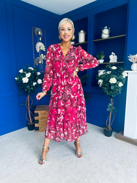 Zoe Banded Midi Dress Floral Rouge