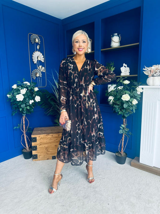 Zoe Banded Midi Dress Animal Black