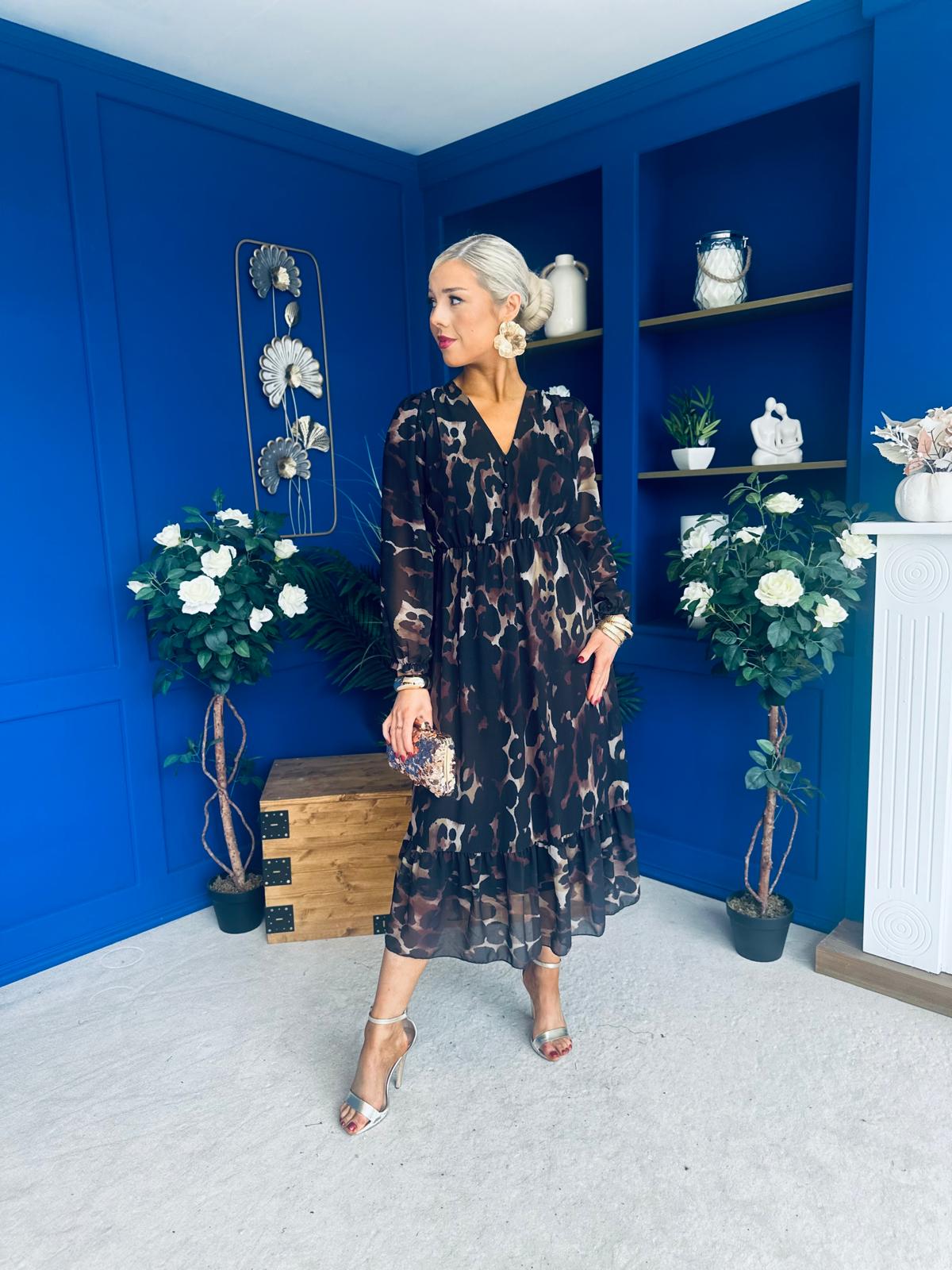 Zoe Banded Midi Dress Animal Black