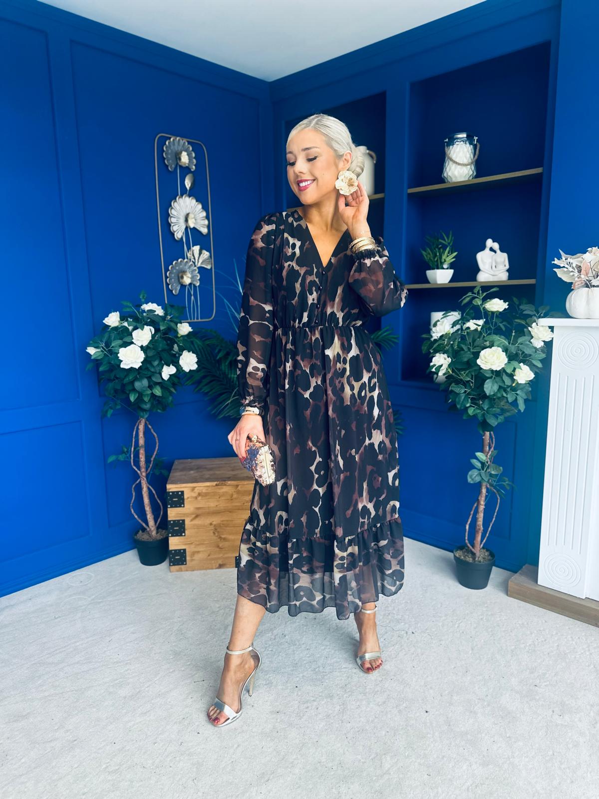 Zoe Banded Midi Dress Animal Black