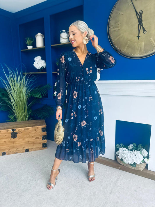 Zoe Banded Midi Dress Floral Navy