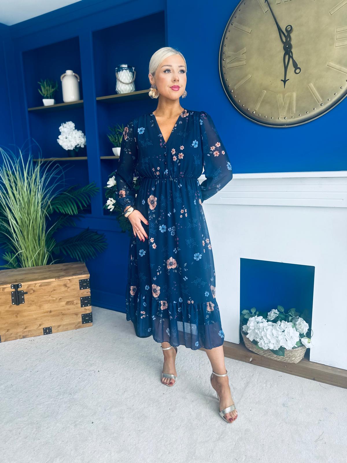 Zoe Banded Midi Dress Floral Navy