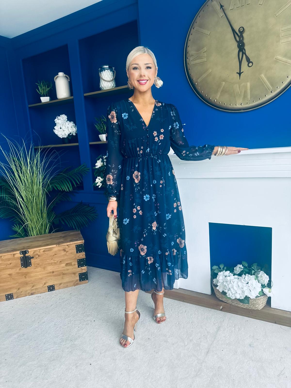 Zoe Banded Midi Dress Floral Navy