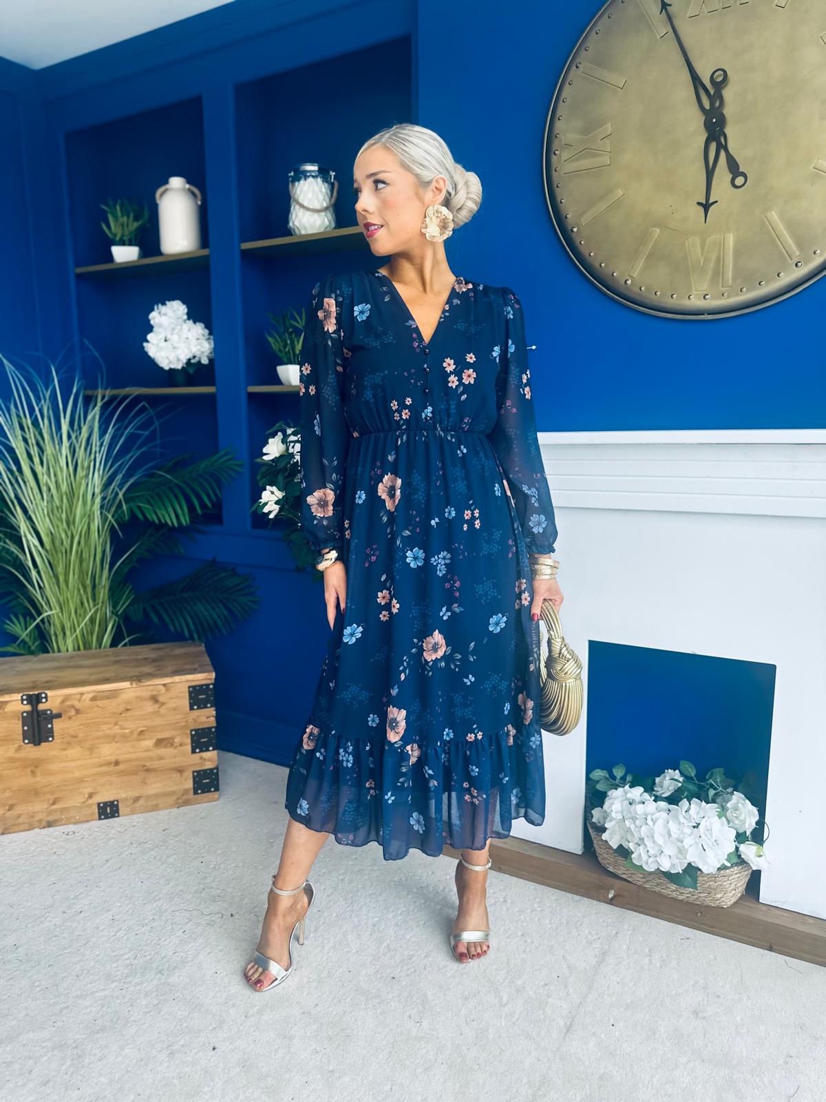 Zoe Banded Midi Dress Floral Navy