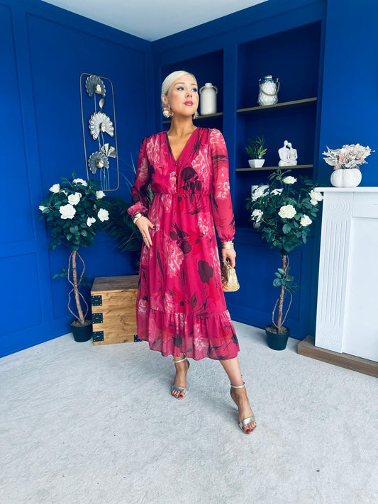 Zoe Banded Midi Dress Floral Ruby