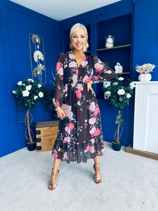 Zoe Banded Midi Dress Floral Coco