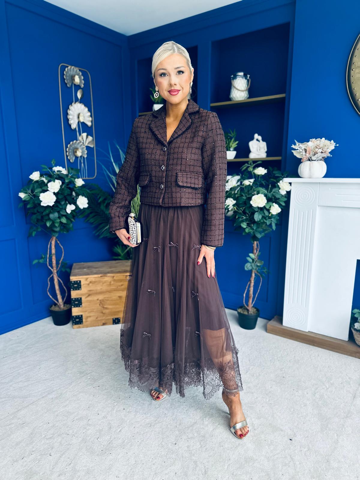 Melanie Detailed Tulle Skirt Chocolate