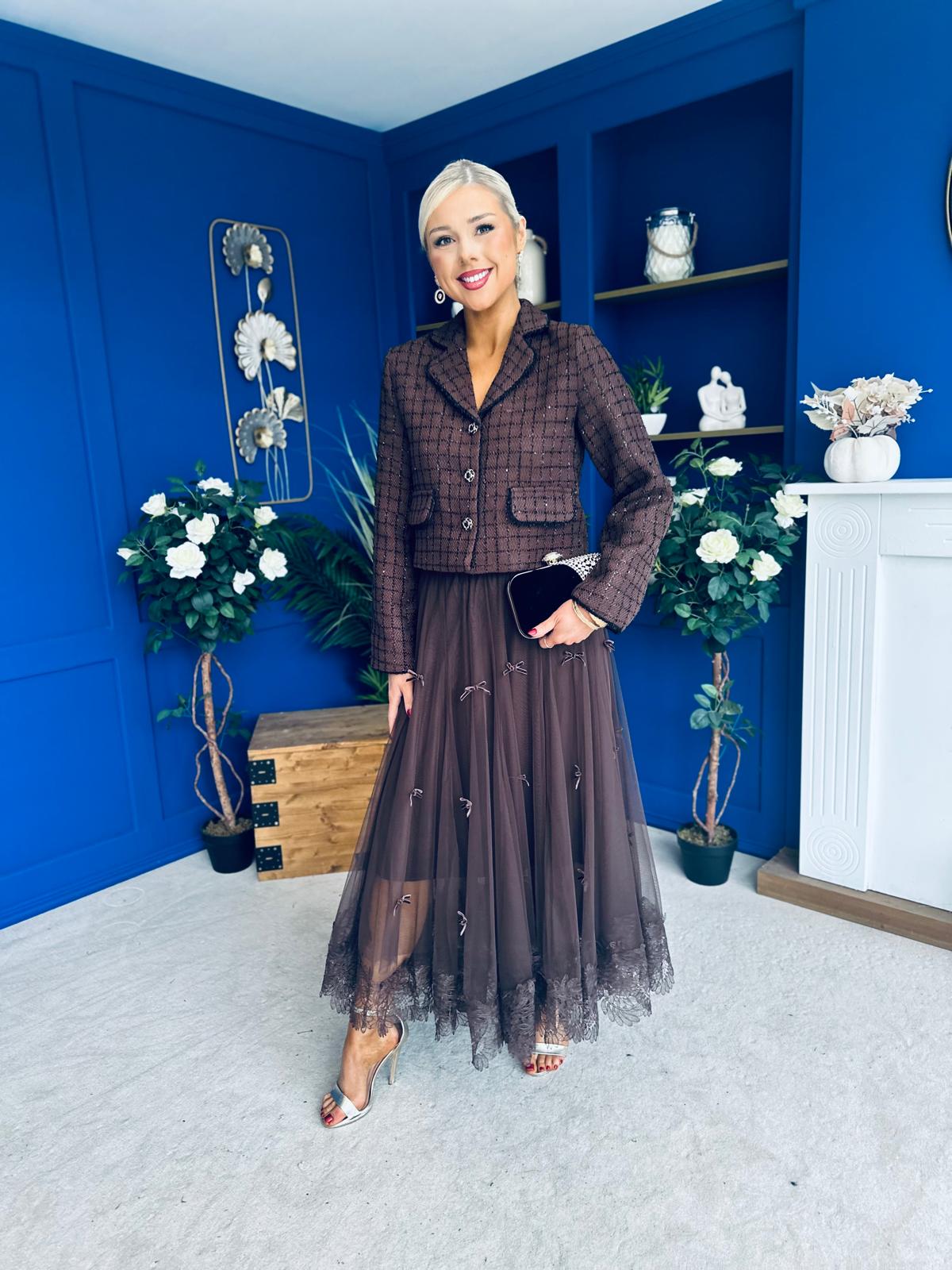 Melanie Detailed Tulle Skirt Chocolate