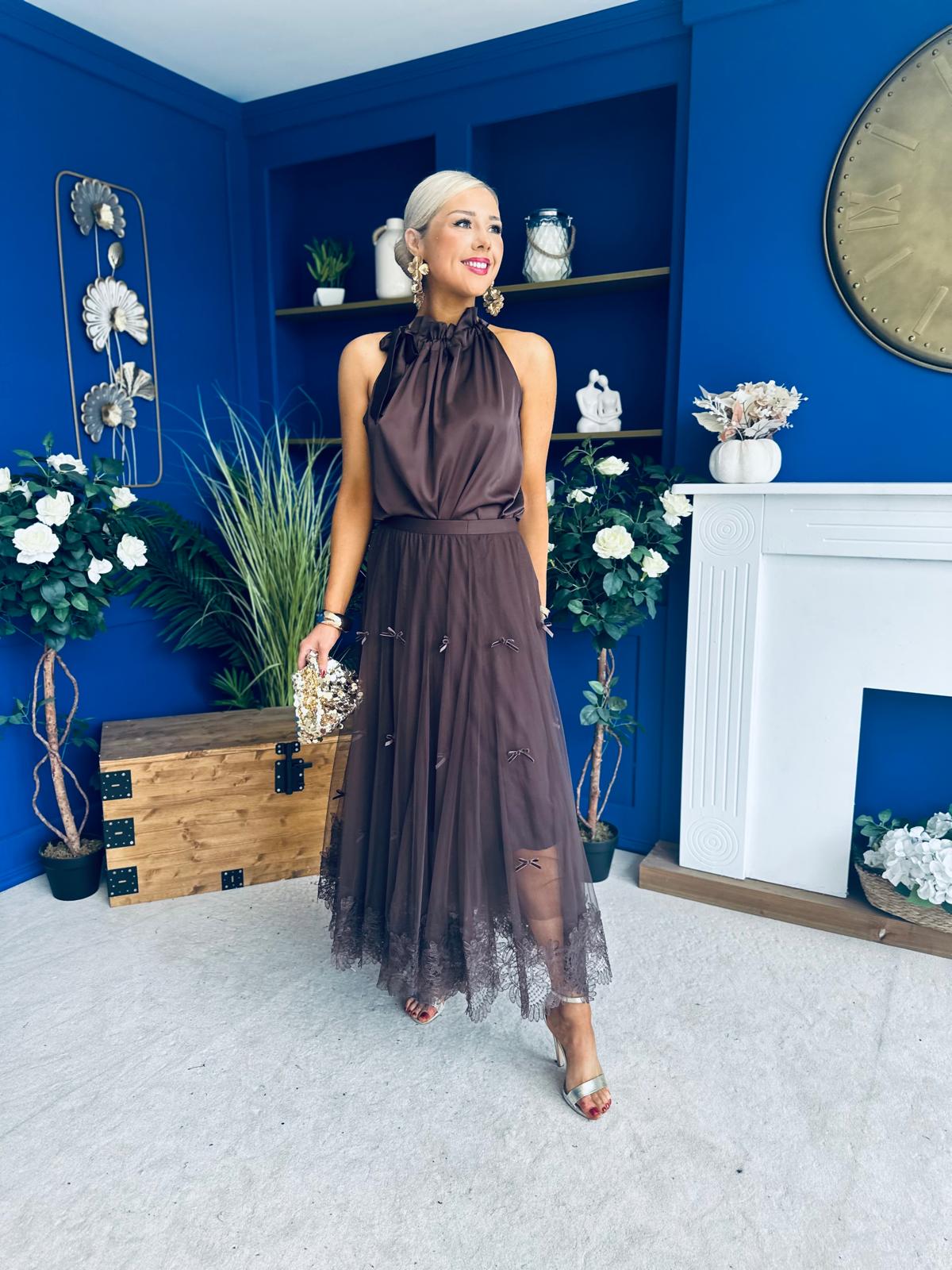 Peyton Halterneck Satin Top Chocolate