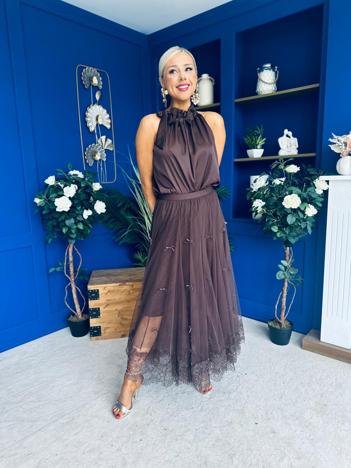 Peyton Halterneck Satin Top Chocolate