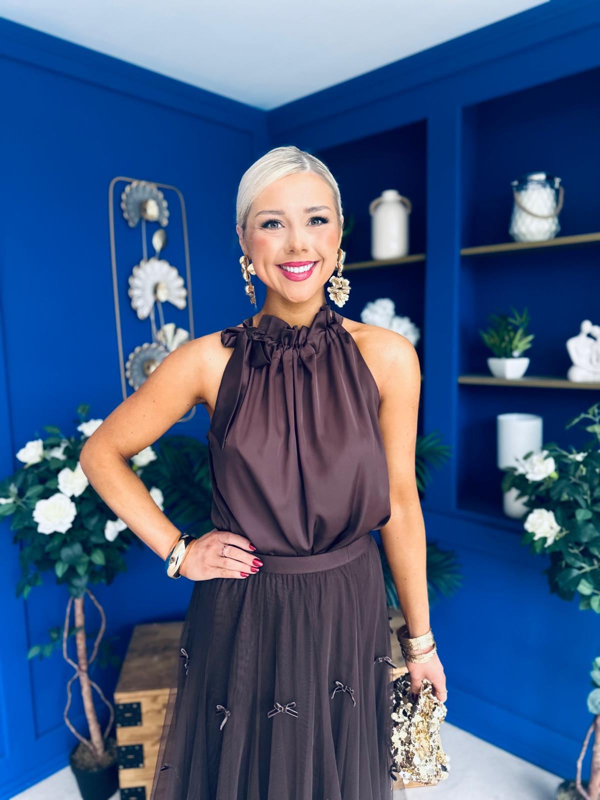 Peyton Halterneck Satin Top Chocolate