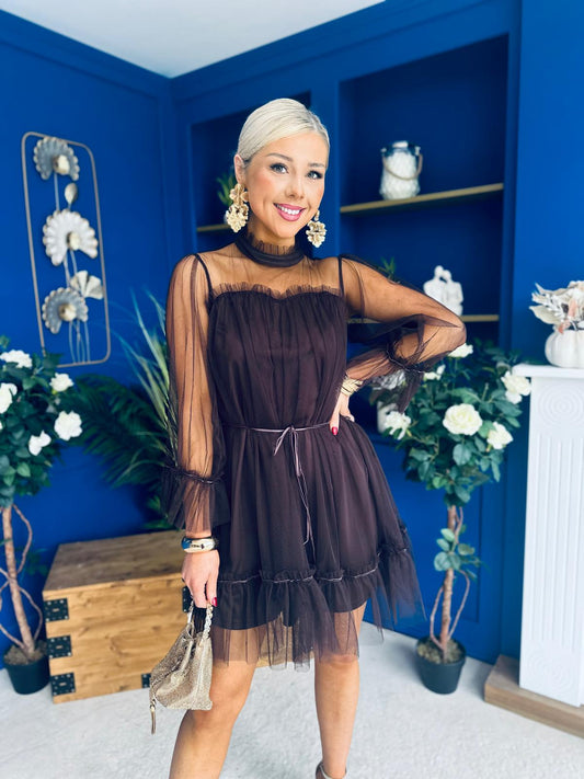 Persia Occasion Tulle Mini Dress Chocolate