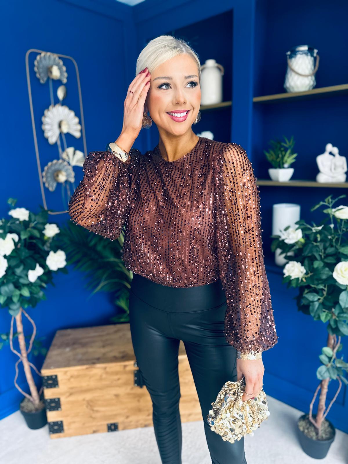 Samantha Bead & Sequin Top Chocolate