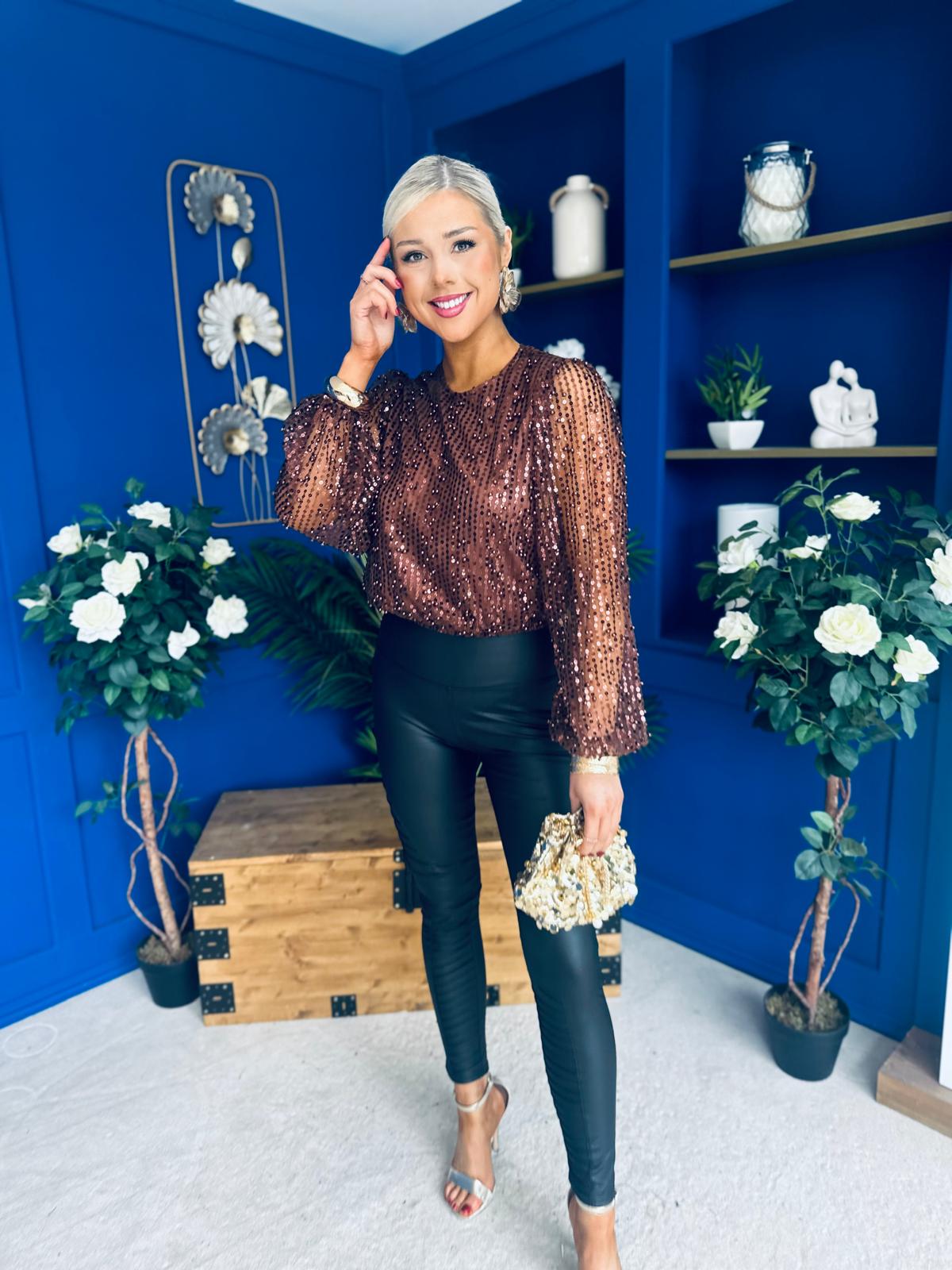 Samantha Bead & Sequin Top Chocolate