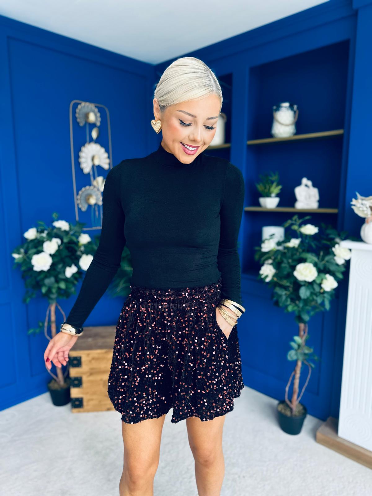 Hana Velvet Sequin Shorts Coffee