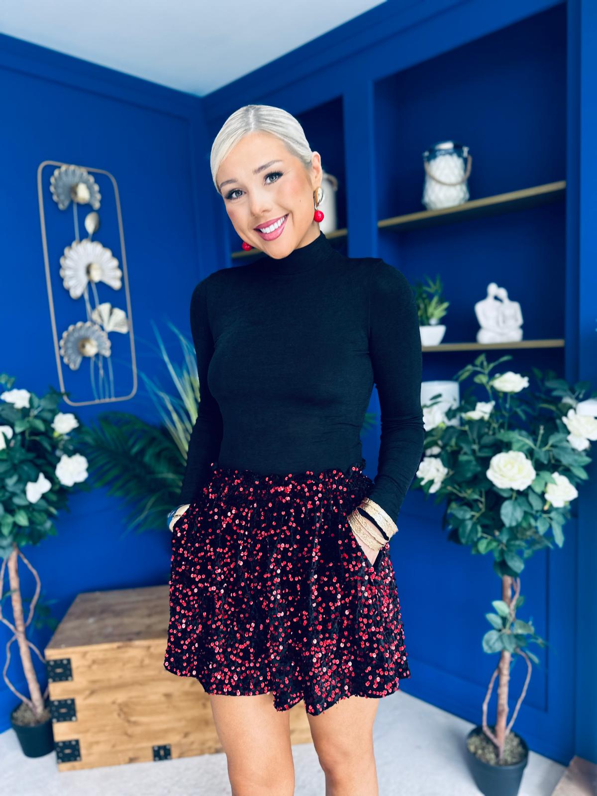 Hana Velvet Sequin Shorts Black Ruby