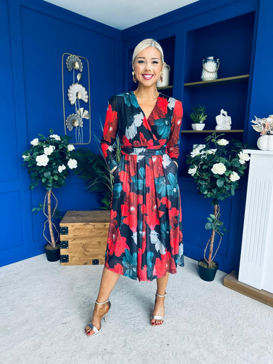 Vanessa Detailed Midi Dress Black Floral