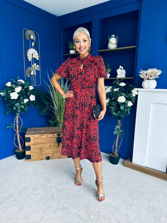 Ashley Puff Sleeve Midi Dress Floral Red