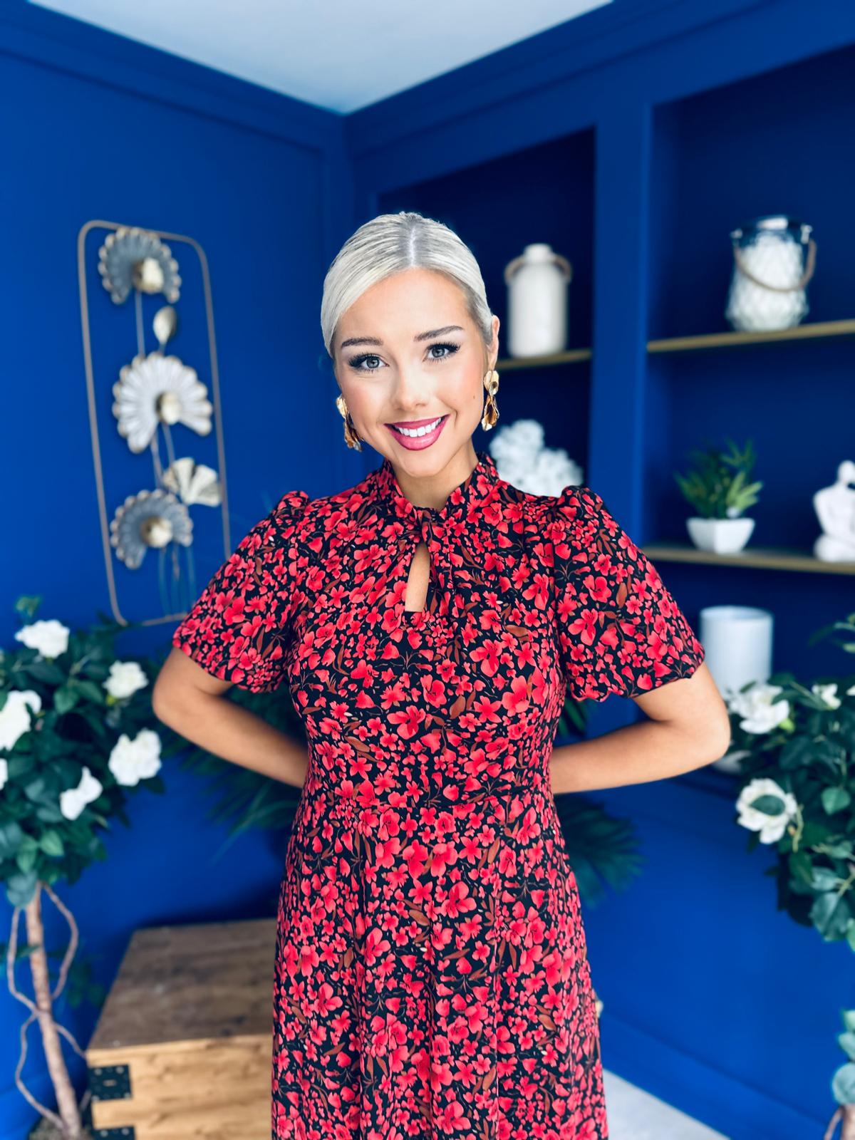 Ashley Puff Sleeve Midi Dress Floral Red