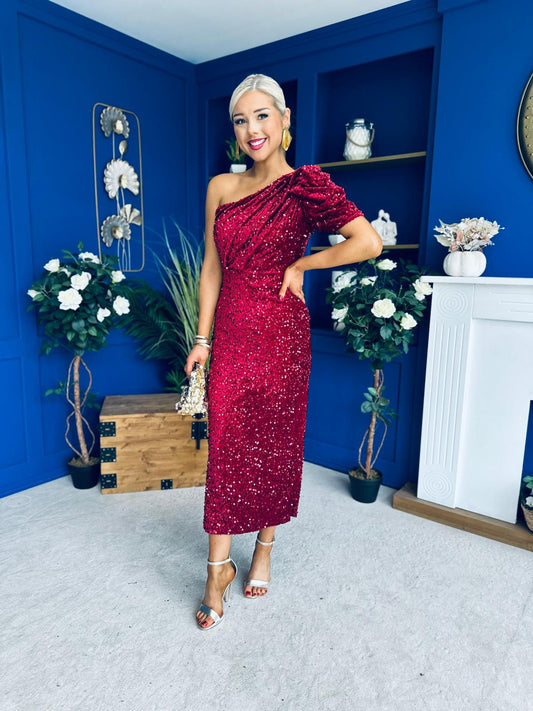 Daniella Sequin Occasion Midi Dress Wine