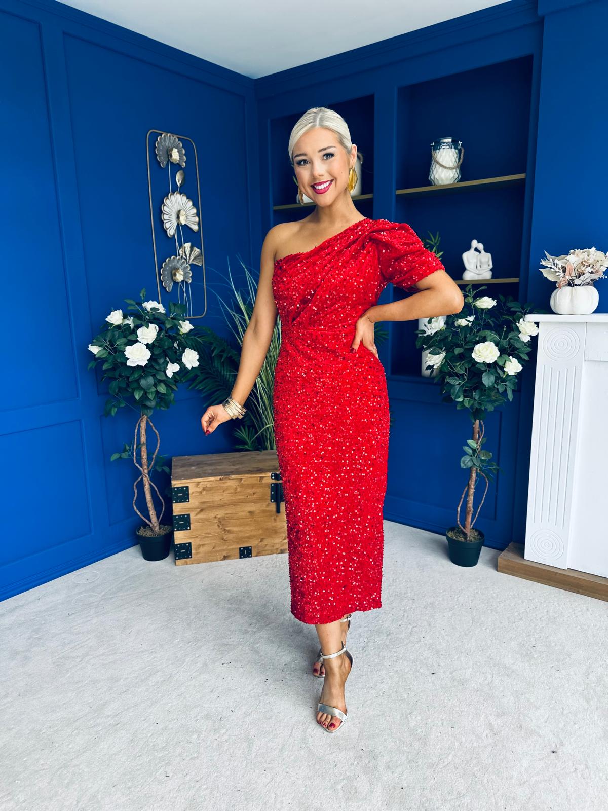 Daniella Sequin Occasion Midi Dress Red