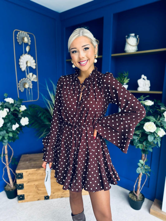 Katie High Neck Mini Dress Polka Chocolate
