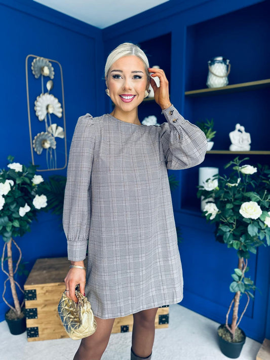 Stephanie Mini Shift Dress Taupe Check