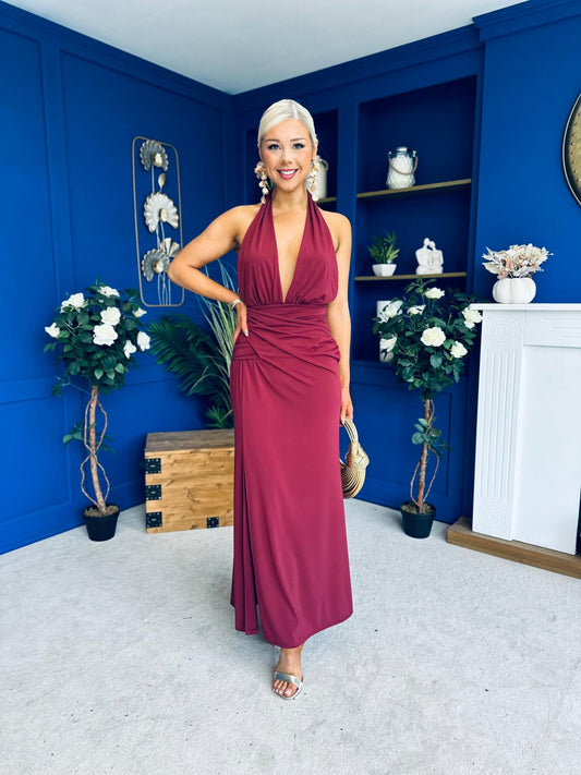 Kily Detailed Halterneck Maxi Dress Wine