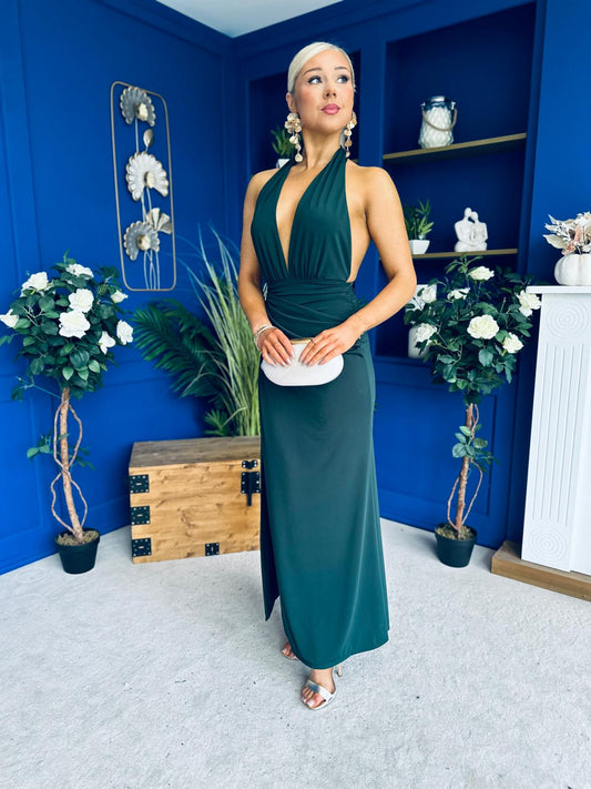 Kily Detailed Halterneck Maxi Dress Forest