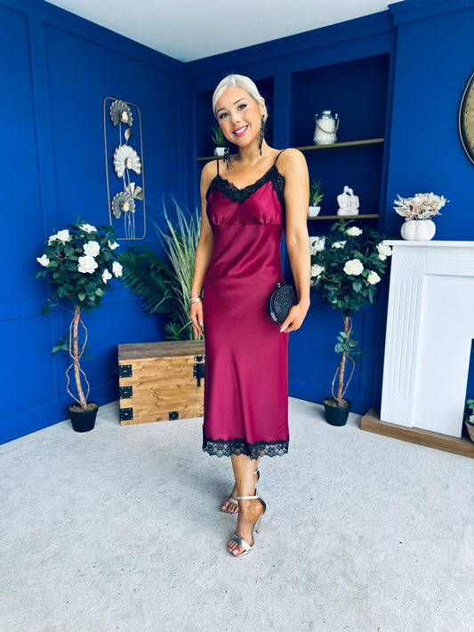 Brody Lace Detail Slinky Dress Wine