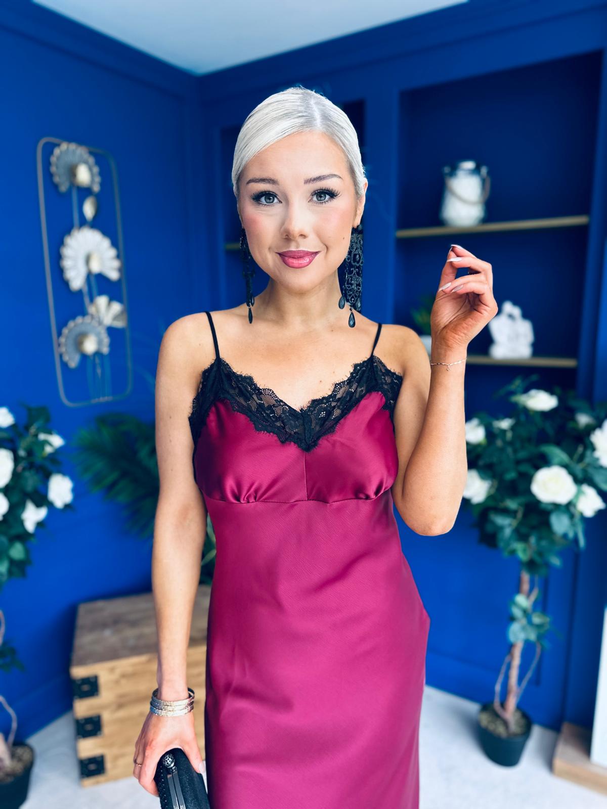 Brody Lace Detail Slinky Dress Wine