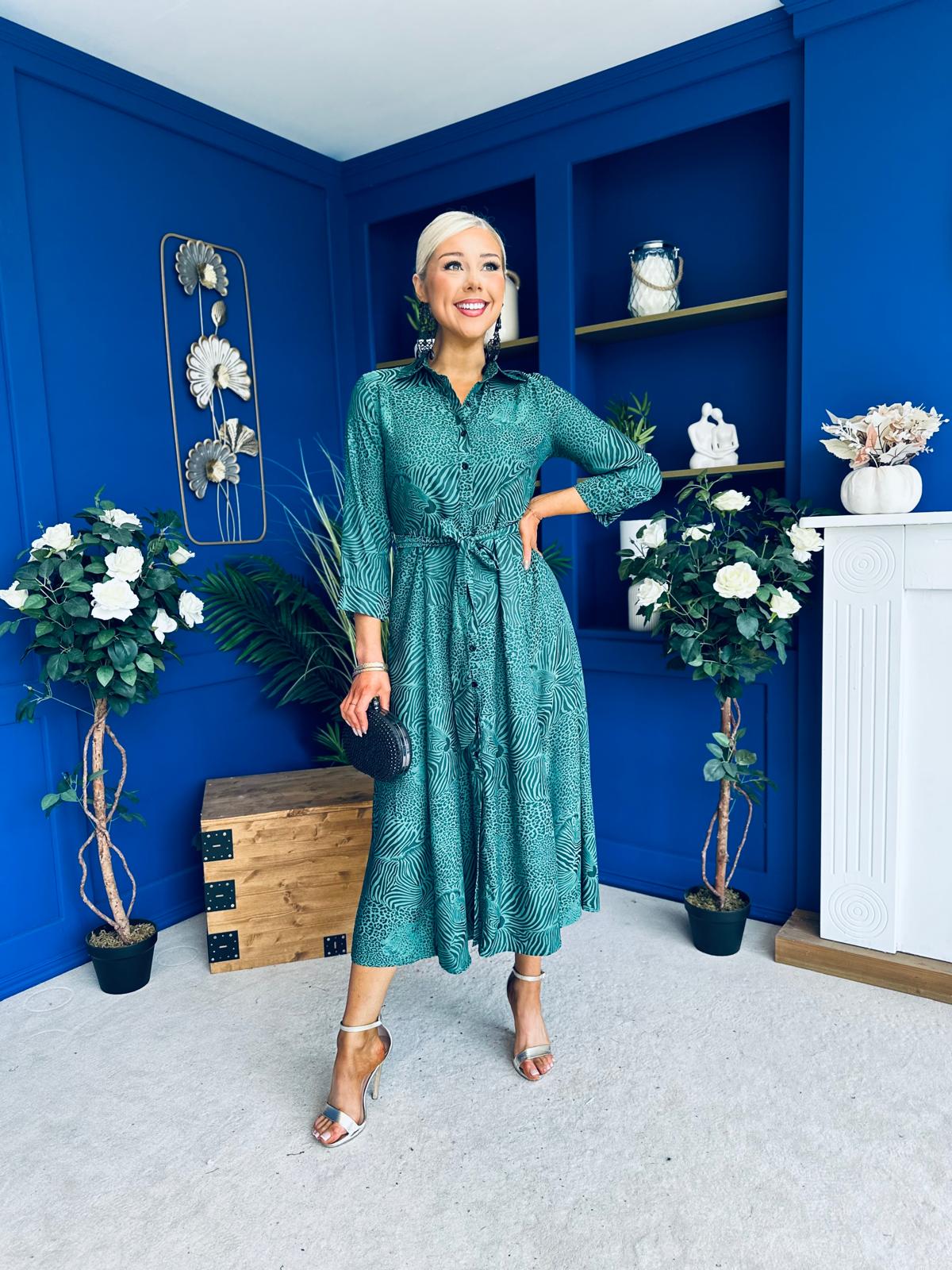 Angela Long Sleeve Maxi Shirt Dress Animal Green